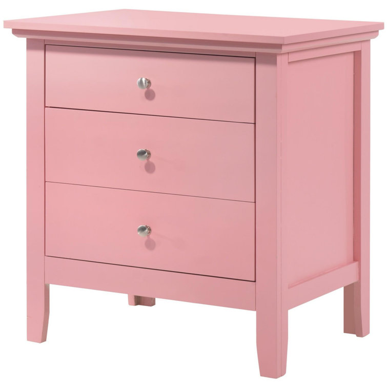Transitional Pink 3-Drawer Nightstand with Nickel Accents