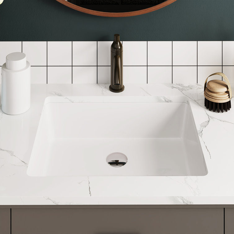 White Ceramic Rectangular Undermount Bathroom Sink with Overflow