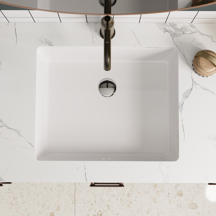 White Ceramic Rectangular Undermount Bathroom Sink with Overflow