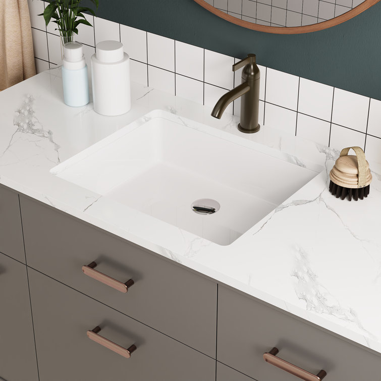 White Ceramic Rectangular Undermount Bathroom Sink with Overflow