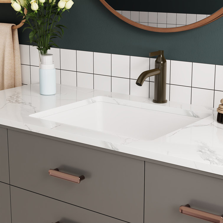 White Ceramic Rectangular Undermount Bathroom Sink with Overflow