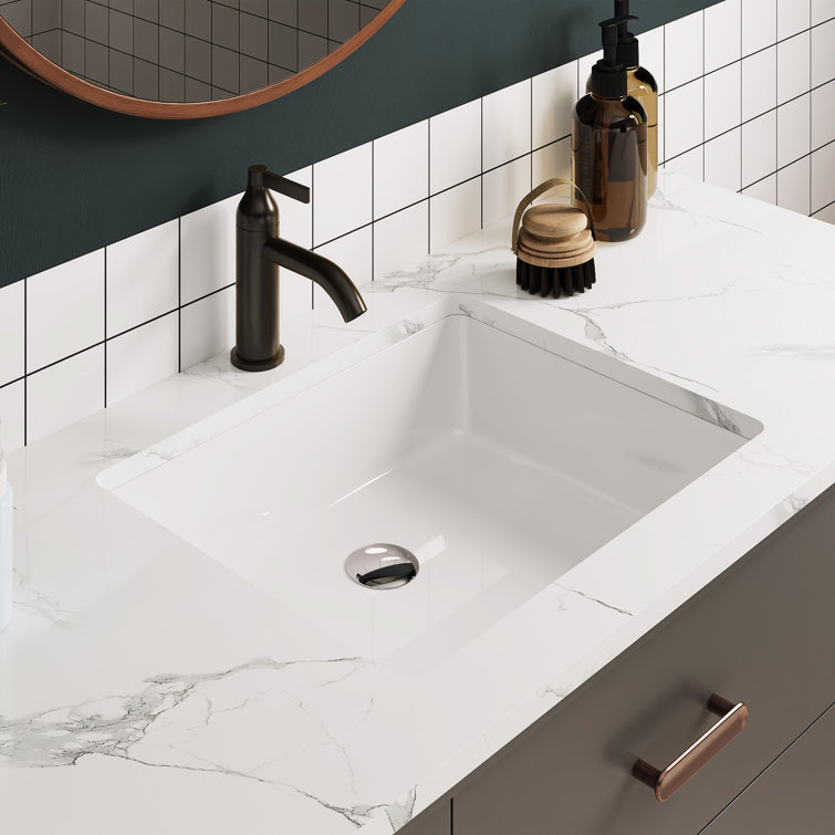White Ceramic Rectangular Undermount Bathroom Sink with Overflow