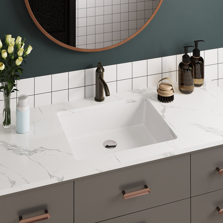 White Ceramic Rectangular Undermount Bathroom Sink with Overflow