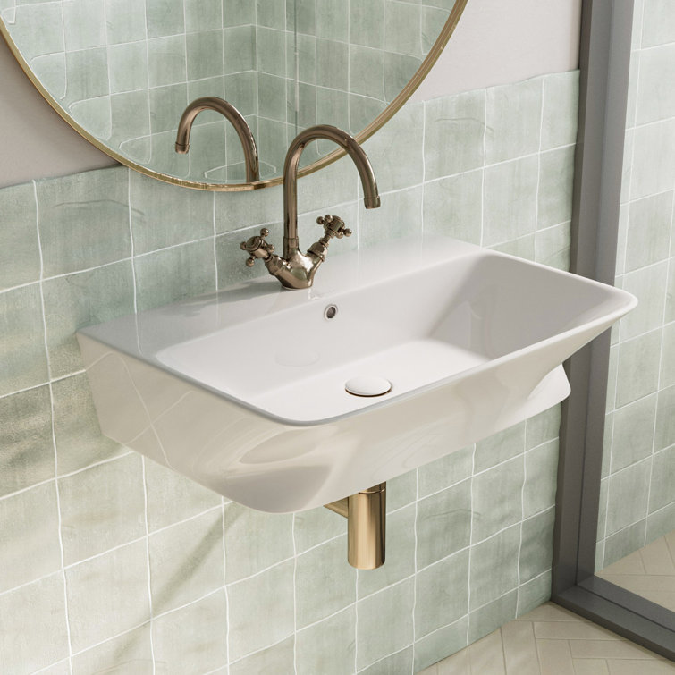 Glossy White Ceramic Wall-Mount Rectangular Vessel Sink with Stainless Steel Drain