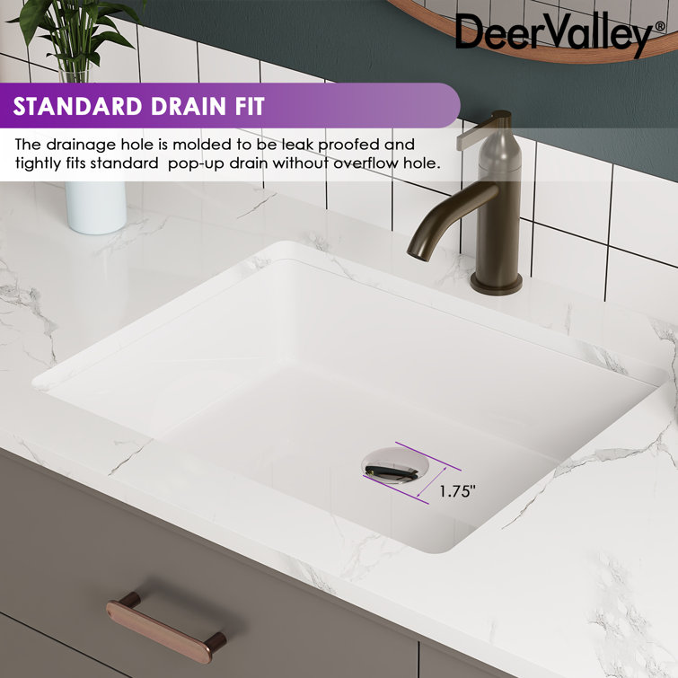 White Ceramic Rectangular Undermount Bathroom Sink with Overflow