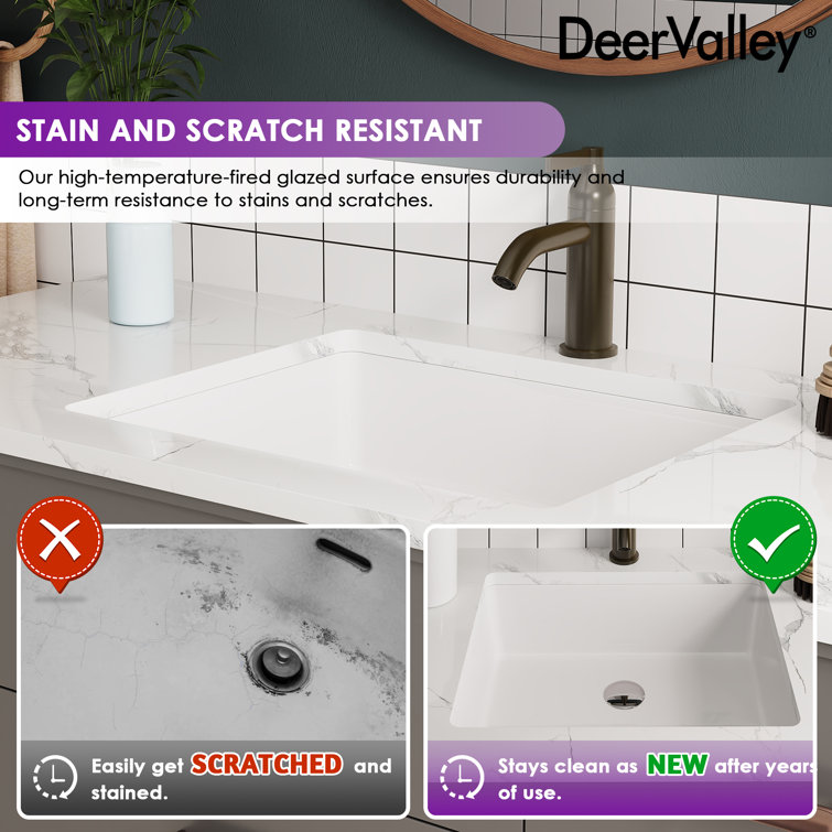 White Ceramic Rectangular Undermount Bathroom Sink with Overflow