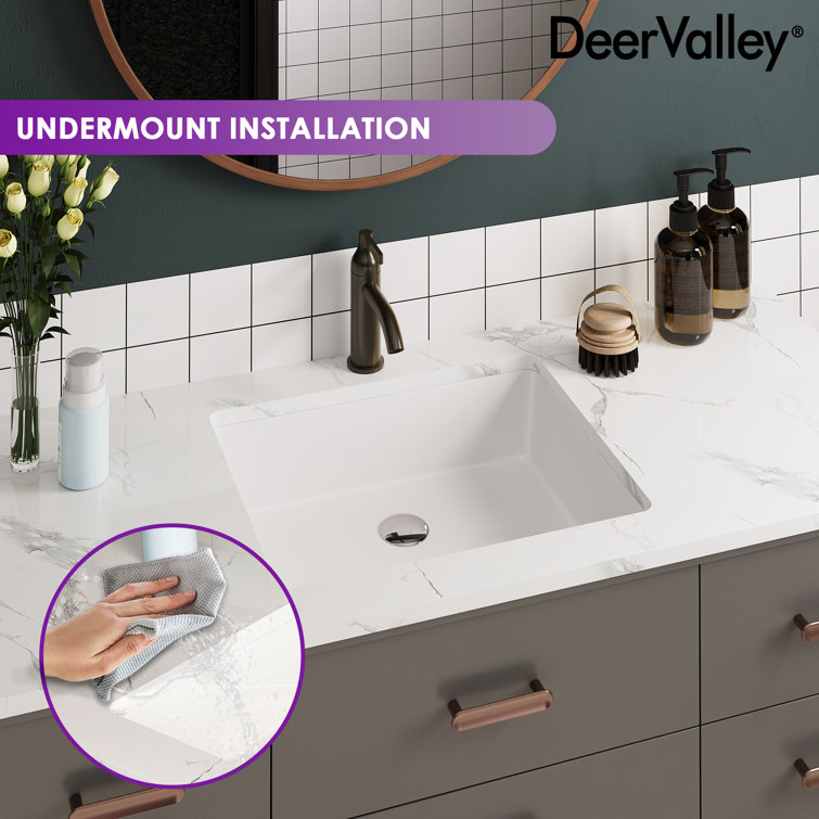 White Ceramic Rectangular Undermount Bathroom Sink with Overflow