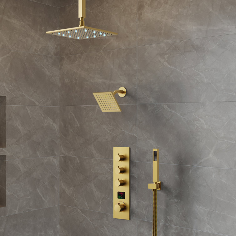 Brushed Gold 12" LED Ceiling Mounted Shower System with Digital Display