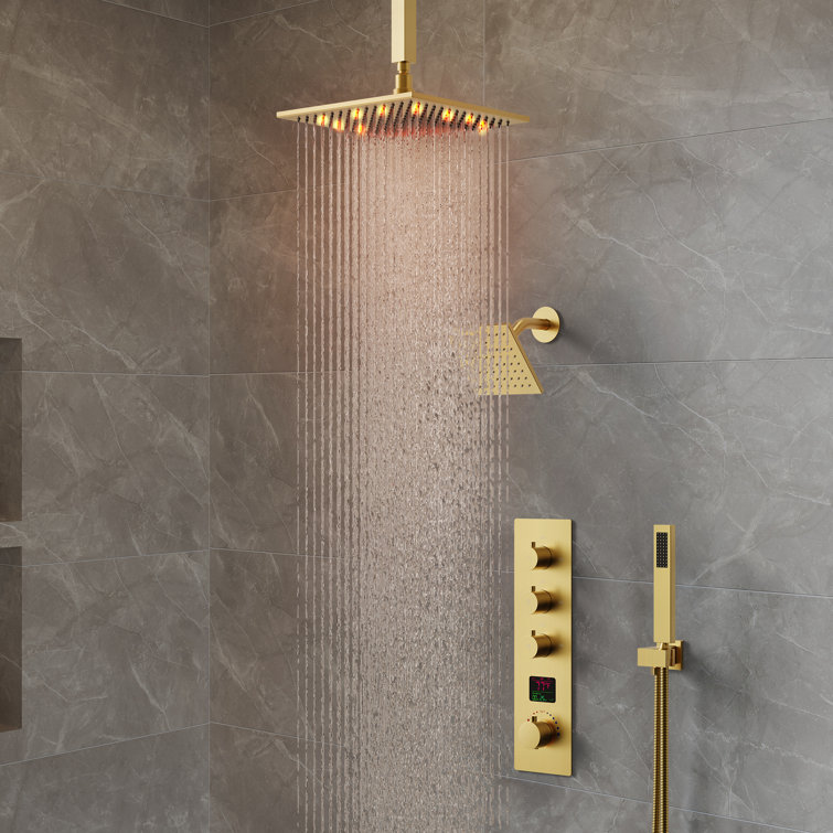 Brushed Gold 12" LED Ceiling Mounted Shower System with Digital Display
