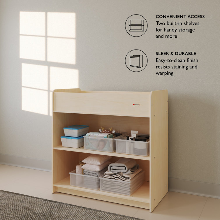 Natural Wood Changing Table with Adjustable Safety Strap and Storage Shelves