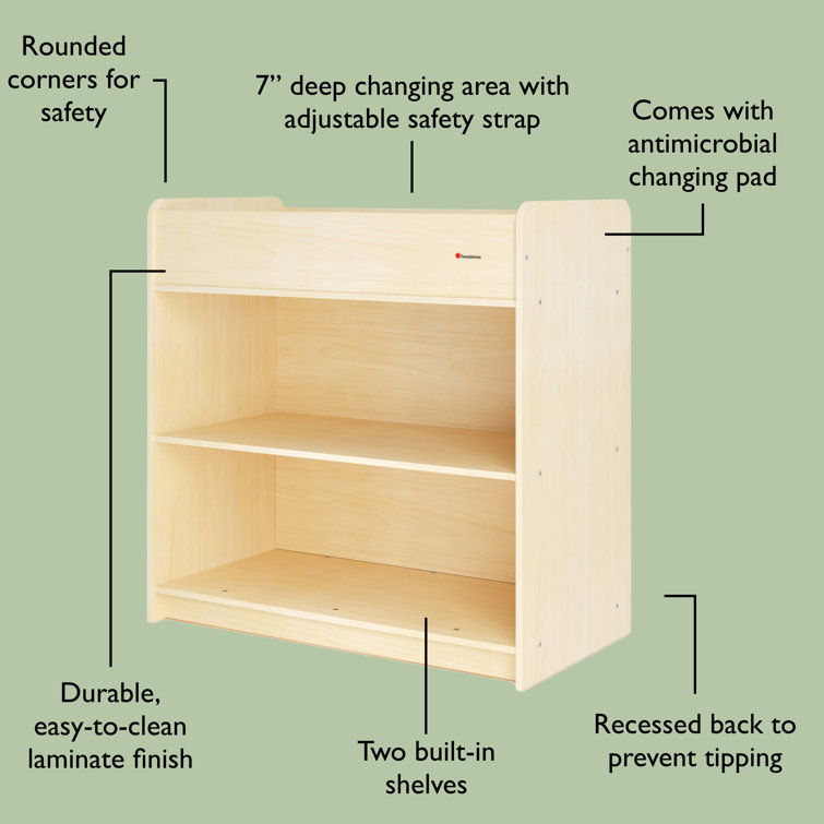 Natural Wood Changing Table with Adjustable Safety Strap and Storage Shelves