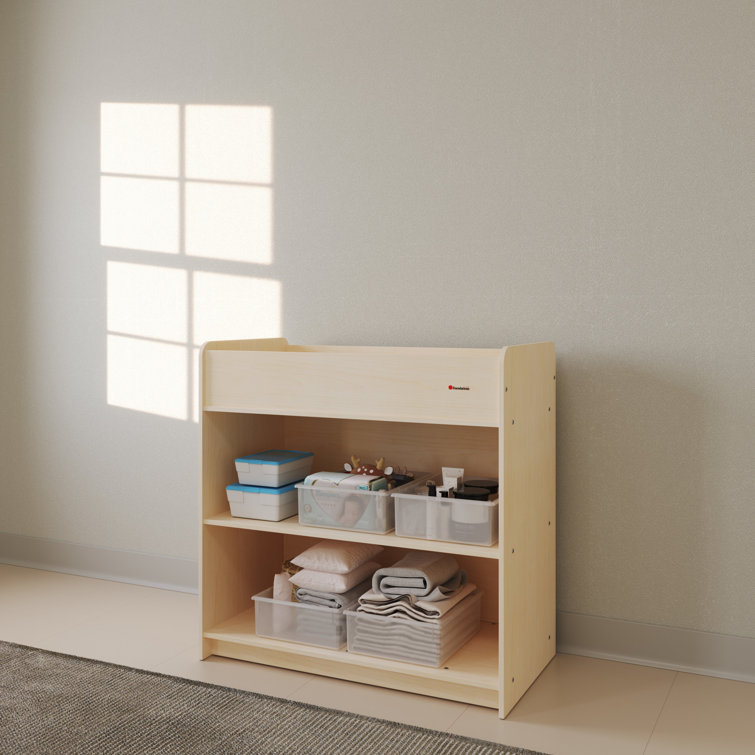 Natural Wood Changing Table with Adjustable Safety Strap and Storage Shelves