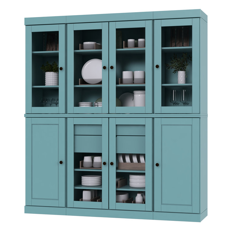Aqua Blue Solid Wood China Cabinet with Frosted Glass Doors