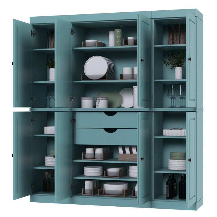 Aqua Raised Panel Solid Wood Pantry Cabinet with Adjustable Shelves