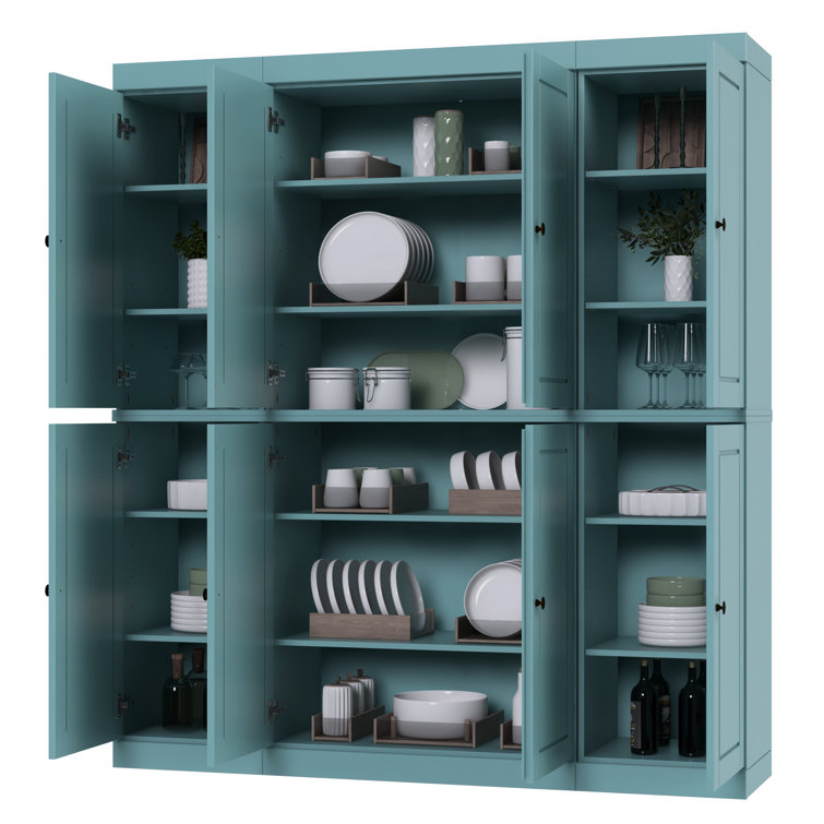 Aqua Raised Panel Solid Wood Pantry Cabinet with Adjustable Shelves
