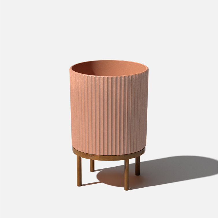 Terracotta Large Round Planter with Acacia Wood Stand