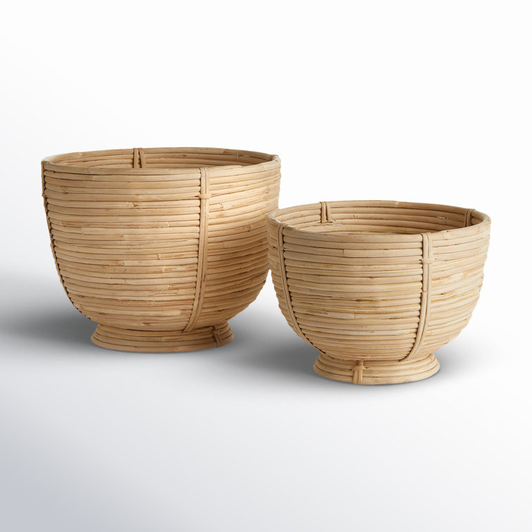 Mod Cane Rattan Light Finish Footed Decor Bowls, Set of 2