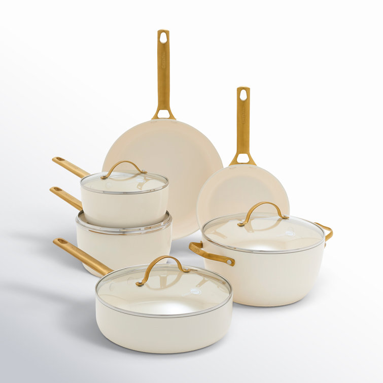 Cream and Gold 10-Piece Ceramic Nonstick Cookware Set