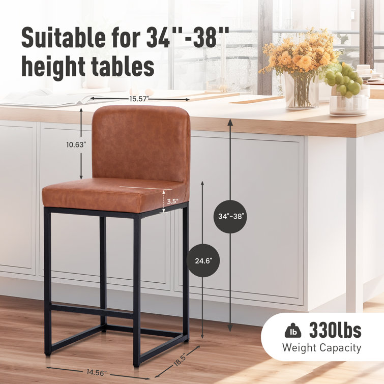 Brown Faux Leather Upholstered Counter Stools with Matte Steel Frame, Set of 3