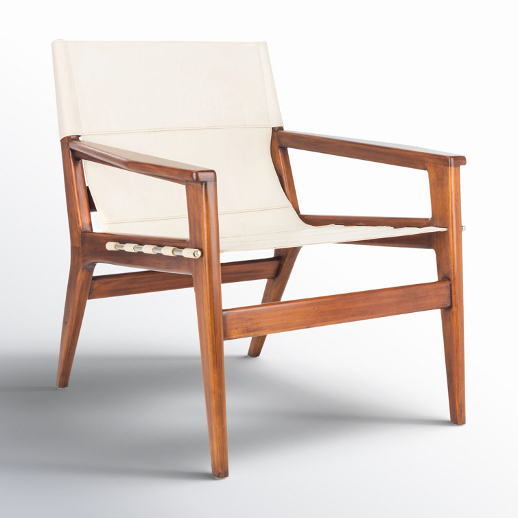 Culkin White Leather and Mahogany Wood Sling Chair