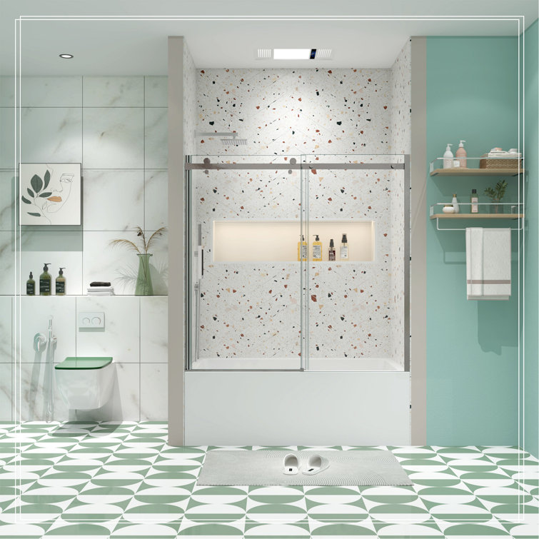 Chrome 58" x 56" Tempered Glass Sliding Shower Door