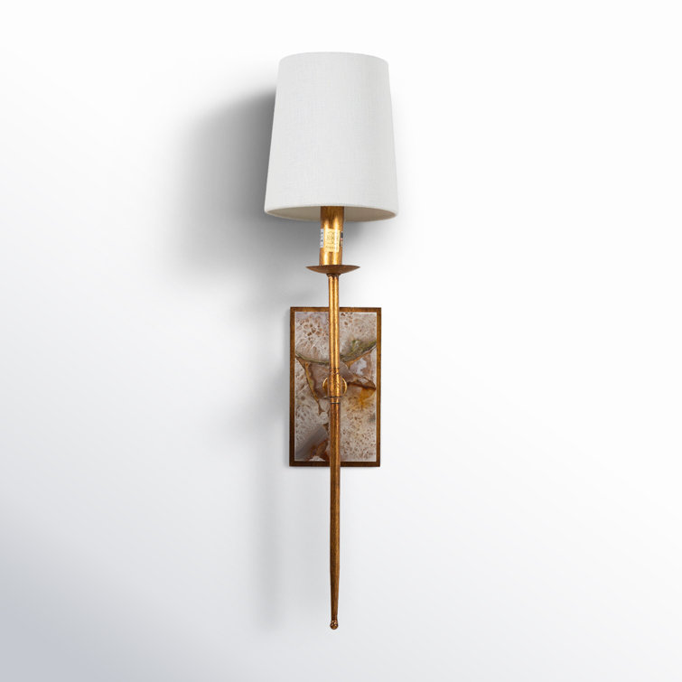 Gilded Gold Torch Style Sconce with White Linen Shade