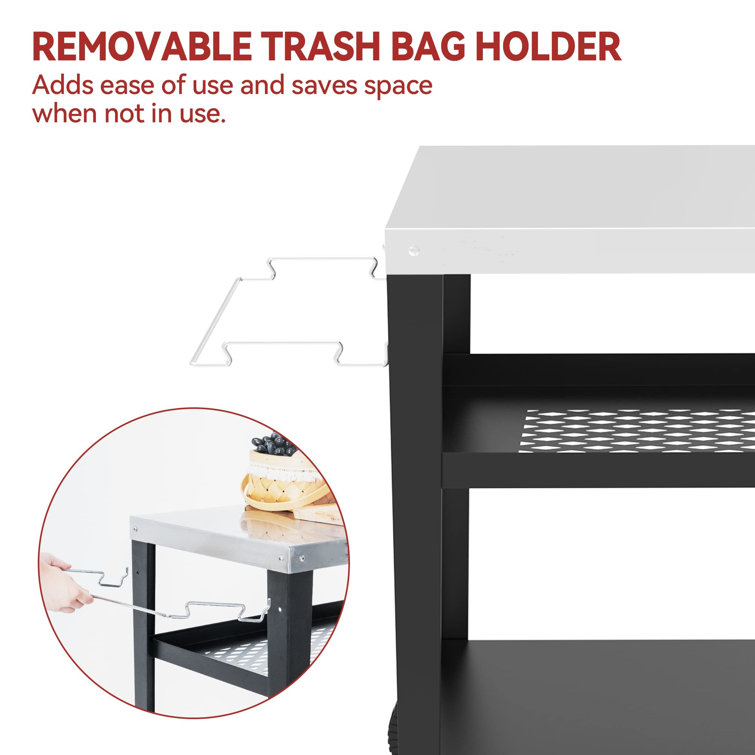 Royal Gourmet Black and Silver 3-Shelf Rolling Grill Table with Trash Holder