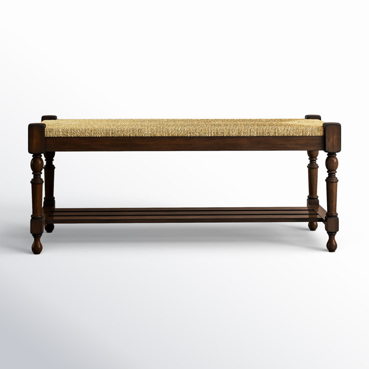 Mahogany Woven Seat Bench with Storage Shelf