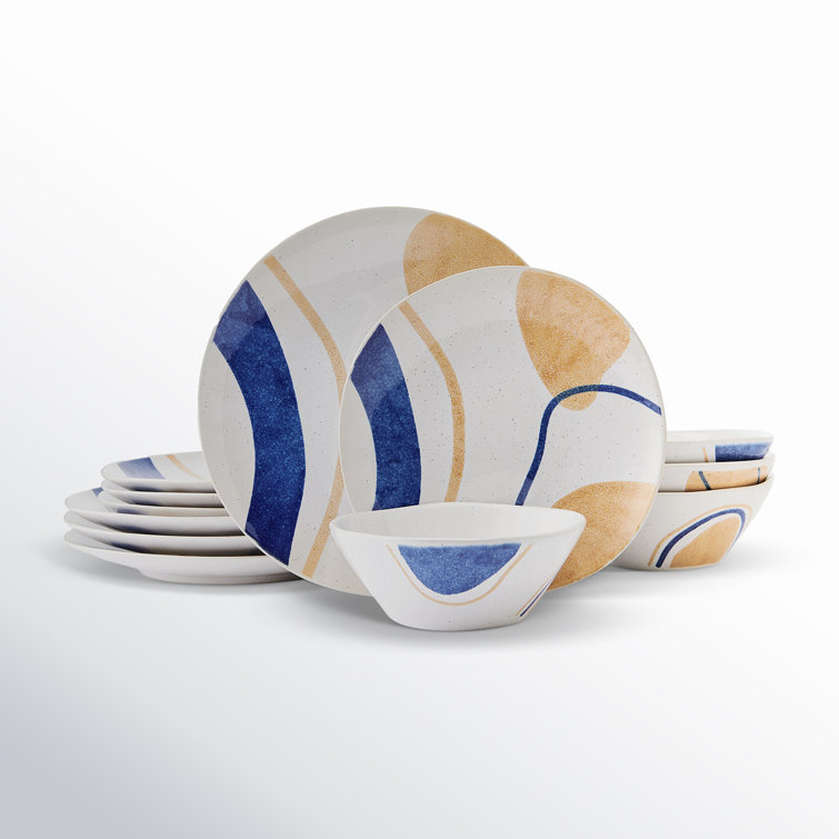 Artful Circles Blue and Beige Stoneware Dinnerware Set, Service for 4