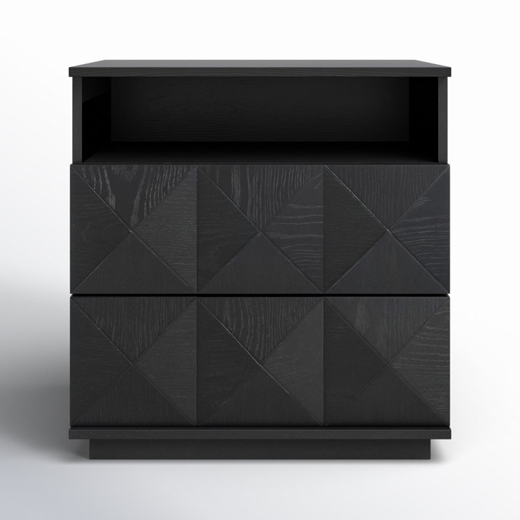 Black Geometric 2-Drawer Solid Wood Nightstand