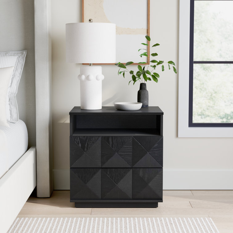Black Geometric 2-Drawer Solid Wood Nightstand