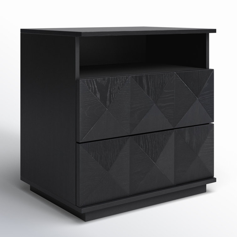 Black Geometric 2-Drawer Solid Wood Nightstand