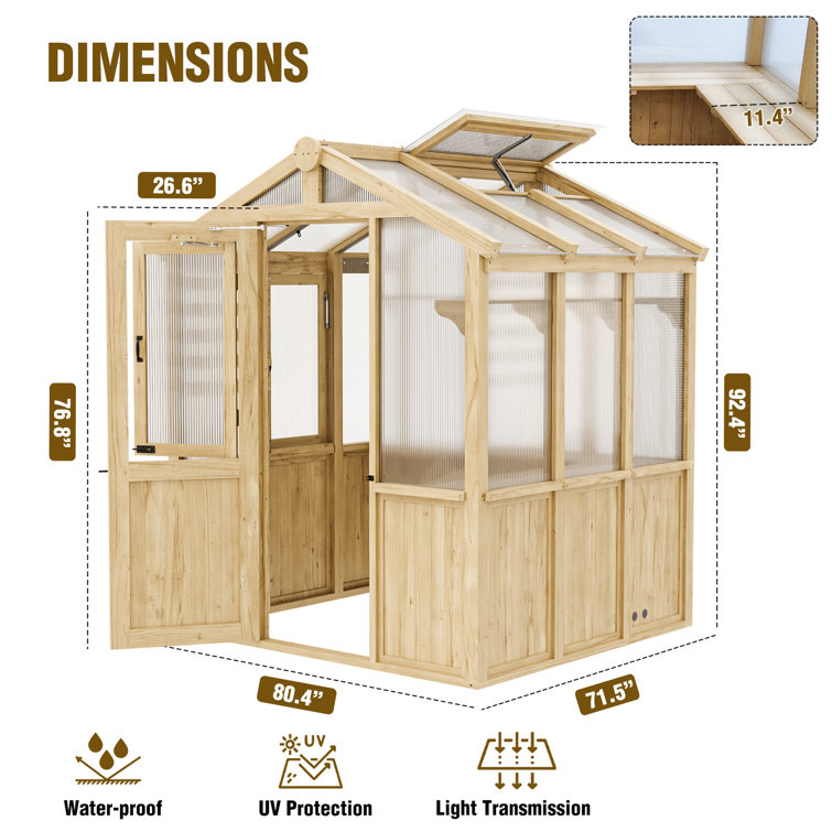 7x6 ft Beige Cedar and Polycarbonate Walk-In Greenhouse