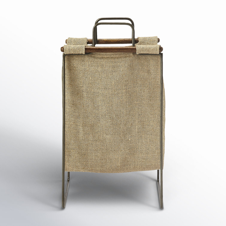 Beige Burlap and Iron Magazine Basket with Handles