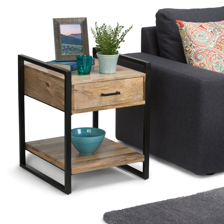 Riverside Black Metal and Natural Wood 20" Industrial Side Table with Storage