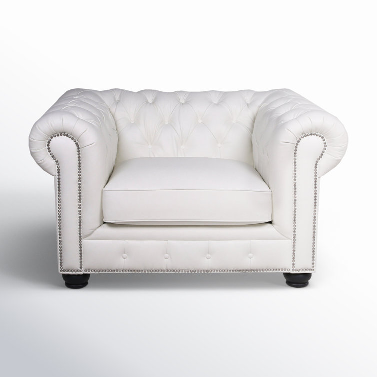 Blanco White Genuine Leather Chesterfield Chair with Rolled Arms