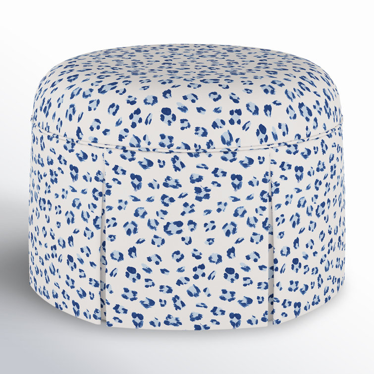 Brush Cheetah Blue Round Cotton Ottoman with Espresso Legs