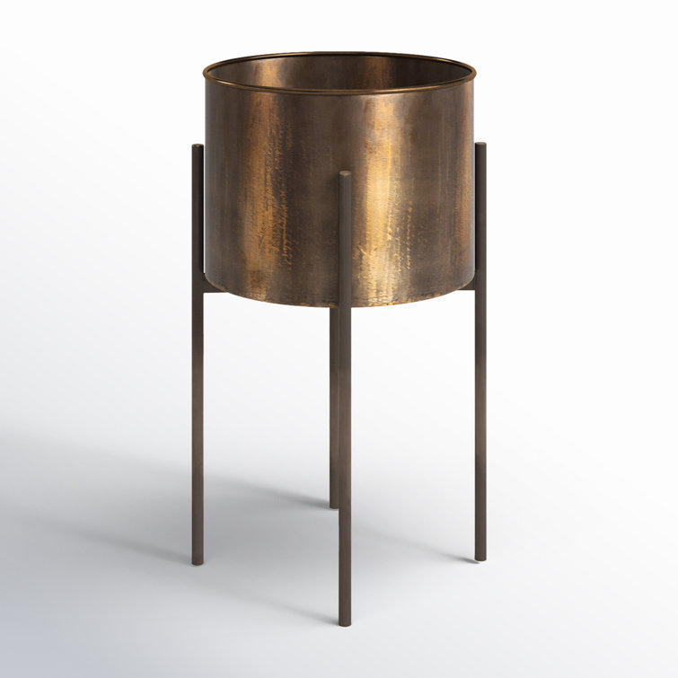 Weathered Brass Round Metal Planter with Stand