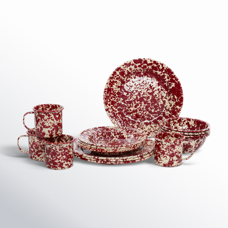 Burgundy and Cream Splatter Porcelain 16-Piece Dinnerware Set