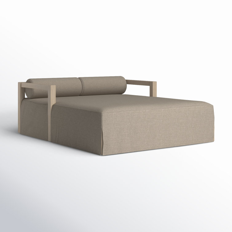 Gray Teak and Linen Outdoor Daybed with Bolster Cushions