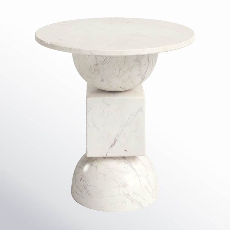Polished White Marble Pedestal Round End Table