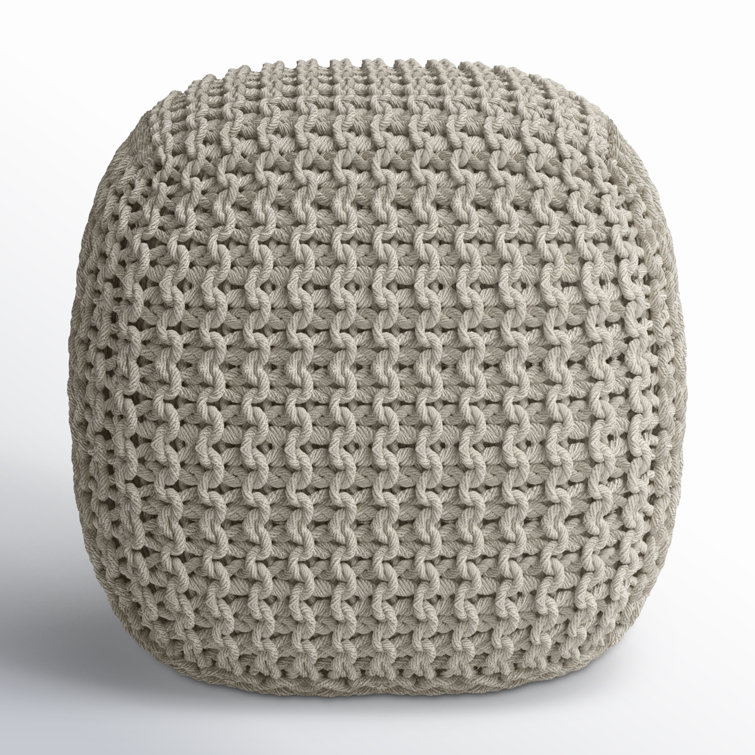 Beige Cotton Woven Square Pouf Ottoman