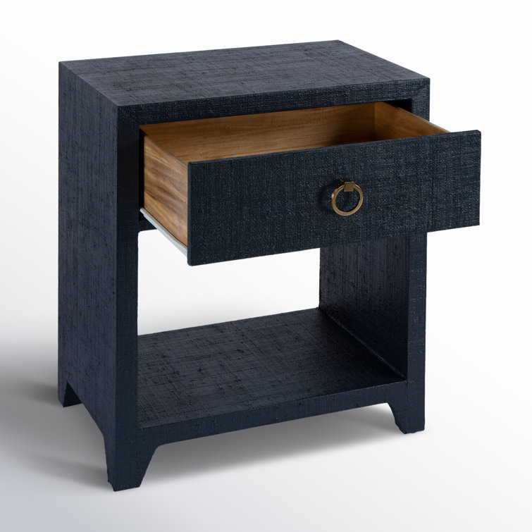 Navy Blue Raffia 1-Drawer Nightstand with Brass Pull