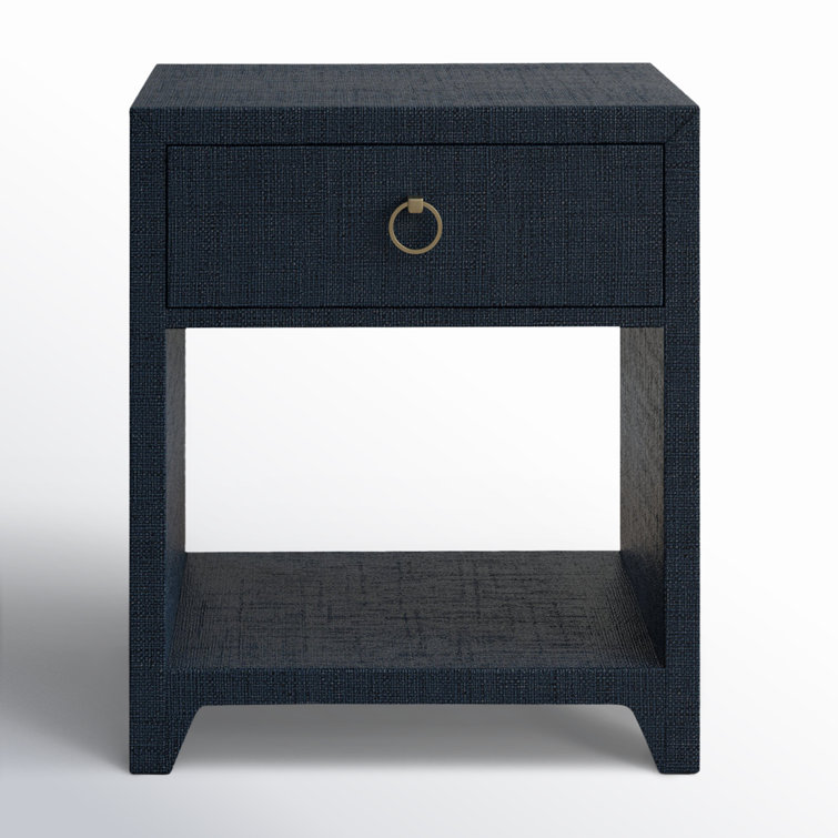 Navy Blue Raffia 1-Drawer Nightstand with Brass Pull