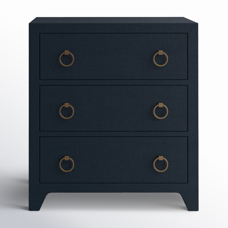 Navy Oak Raffia 3-Drawer Nightstand with Brass Pulls