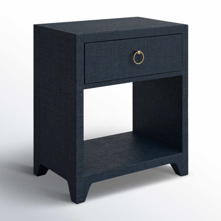 Navy Blue Raffia 1-Drawer Nightstand with Brass Pull