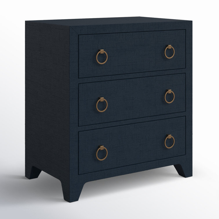 Navy Oak Raffia 3-Drawer Nightstand with Brass Pulls