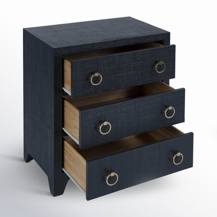Navy Oak Raffia 3-Drawer Nightstand with Brass Pulls