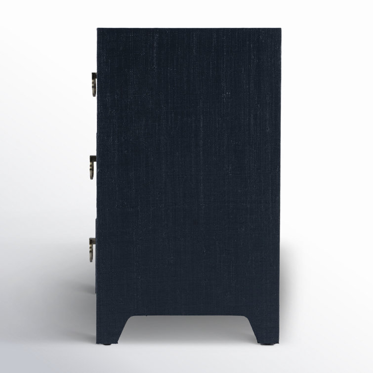 Navy Oak Raffia 3-Drawer Nightstand with Brass Pulls