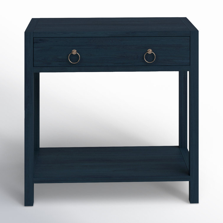 Navy Blue Acacia Wood 1-Drawer Nightstand with Gold Hardware